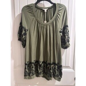 Cupio Olive Green Scoop Neck Blouse with Black Paisley Trim